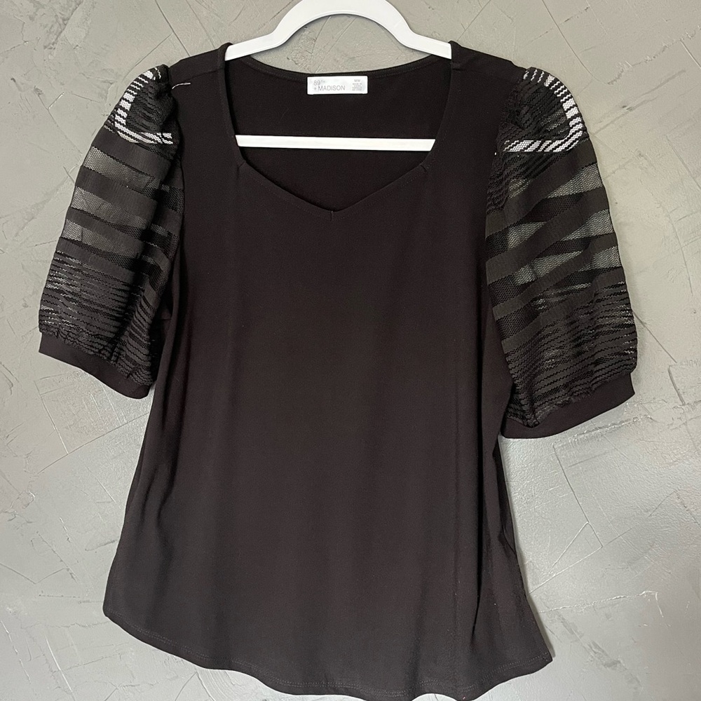 NWOT - 89th & Madison Black Blouse with Sheer Sleeves